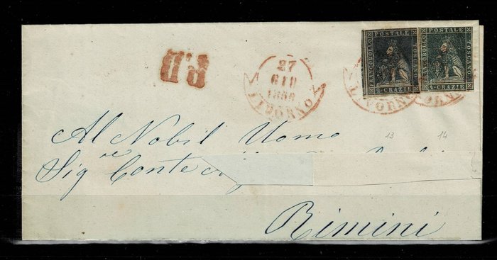 Antikke Italienske Stater - Toscana 1856 - Brev med 2 blå tak + 4 grønne tak med cirkulær nedre månedsvingeannullering - Sassone nr 13 e14 coppia mista