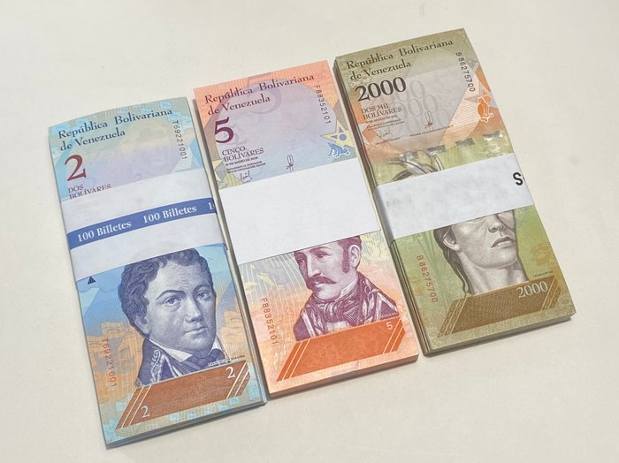 Venezuela. - 100 x 2, 100 x 5, and 100 x 2000 Bolívares - (2013-2018) - Pick 88, Pick 96b and Pick 102 - 3 Bundles  (Ingen mindstepris)