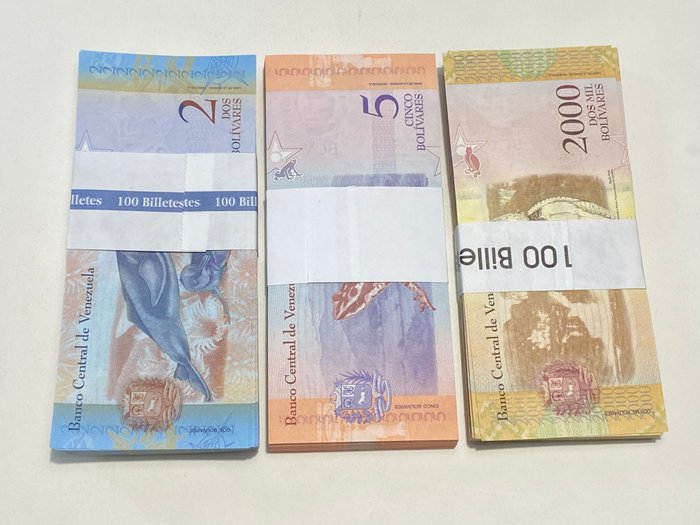 Venezuela. - 100 x 2, 100 x 5, and 100 x 2000 Bolívares - (2013-2018) - Pick 88, Pick 96b and Pick 102 - 3 Bundles  (Ingen mindstepris)