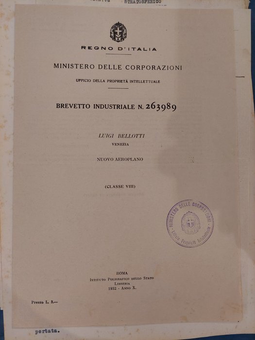 Arch. Luigi Bellotti - Brevetto Industriale e Progetto Tecnico dell'Aeroplano Stratosferico "Leonardo" – Fascicolo Completo - 1932