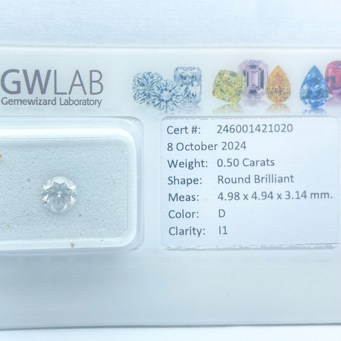 Ingen mindstepris - 1 pcs Diamant  (Natur)  - 0.50 ct - Rund - D (farveløs) - I1 - Gemewizard Gemological Laboratory (GWLab)