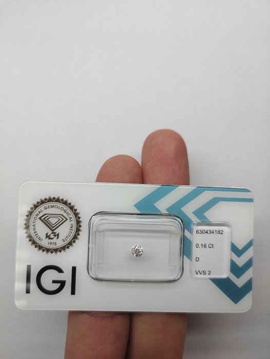 Ingen mindstepris - 1 pcs Diamant  (Natur)  - 016 ct - Rund - D (farveløs) - VVS2 - International Gemological Institute (IGI)