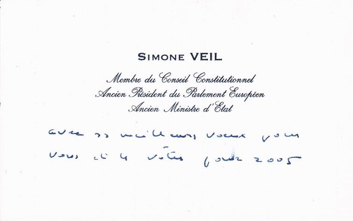 Carte de visite - Simone Veil - Carte autographe avec entete - 2005