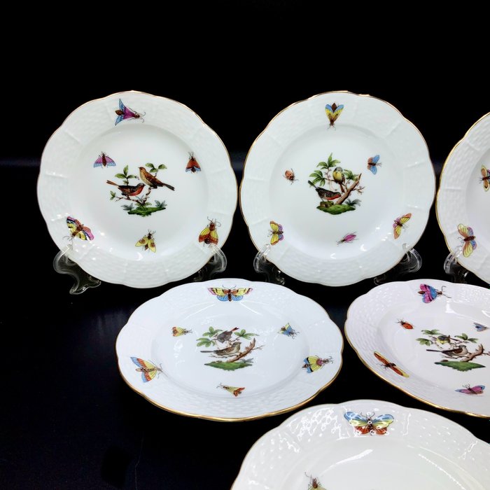 Herend, Hungary - Exquisite Set of 6 Plates (12,5 cm) - "Rothschild Bird" Pattern - Tallerken - Håndmalet porcelæn