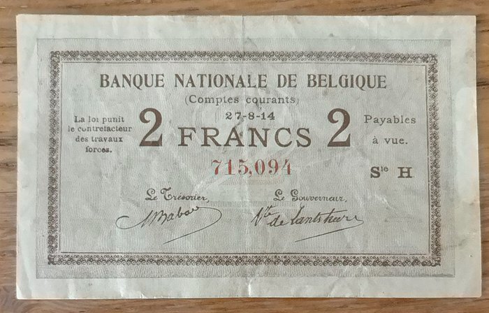 Belgien. - 2 Francs 1914 - Pick 82  (Ingen mindstepris)