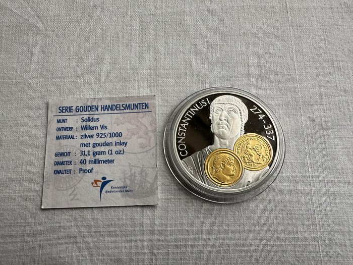 Hollandske Antiller. 10 Gulden 2001 Handelsmunt 'Constantijn de Grote' zilver met gouden inlay  (Ingen mindstepris)