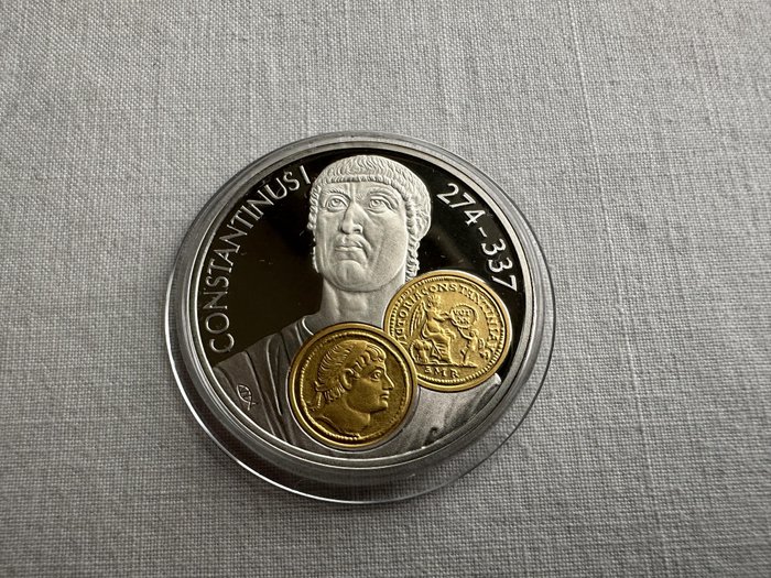 Hollandske Antiller. 10 Gulden 2001 Handelsmunt 'Constantijn de Grote' zilver met gouden inlay  (Ingen mindstepris)