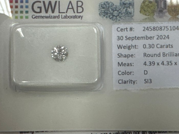 Ingen mindstepris - 1 pcs Diamant  (Natur)  - 0.30 ct - Rund - D (farveløs) - SI3 - Gemewizard Gemological Laboratory (GWLab)