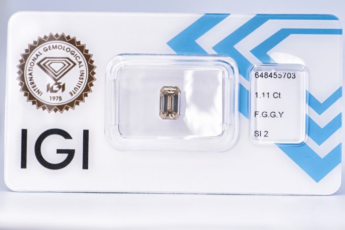 Ingen mindstepris - 1 pcs Diamant  (Naturfarvet)  - 1.11 ct - Smaragd - Fancy Grå, Grønlig Gul - SI2 - International Gemological Institute (IGI)