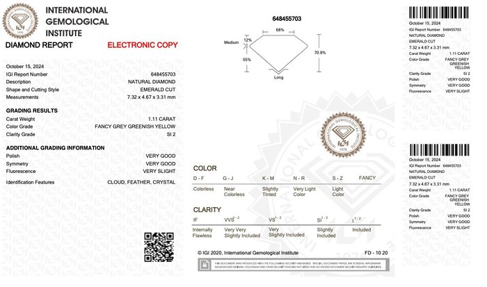 Ingen mindstepris - 1 pcs Diamant  (Naturfarvet)  - 1.11 ct - Smaragd - Fancy Grå, Grønlig Gul - SI2 - International Gemological Institute (IGI)