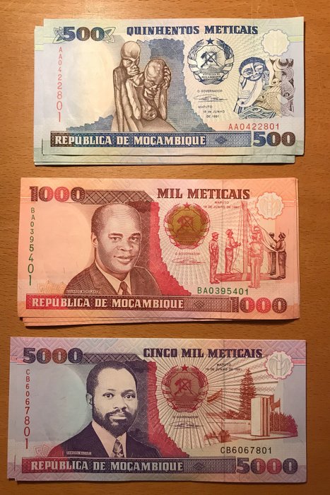 Mozambique. - 10 x 500, 1000, 5000 Metical 1991 (30 banknotes) - Pick 134, 135, 136  (Ingen mindstepris)