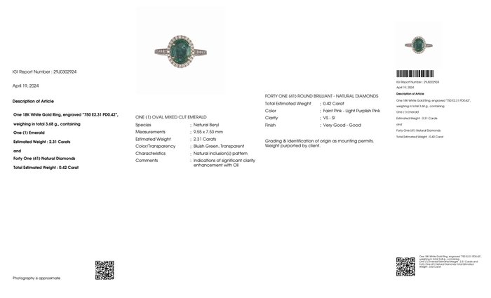 Ingen mindstepris - Ring - 18 kraat Hvidguld -  2.73ct. tw. Smaragd - Diamant - IGI 2,31 ct blålig grøn