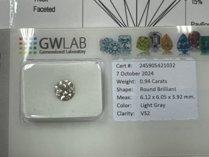 Ingen mindstepris - 1 pcs Diamant  (Naturfarvet)  - 0.94 ct - Rund - Light Grå - VS2 - Gemewizard Gemological Laboratory (GWLab)