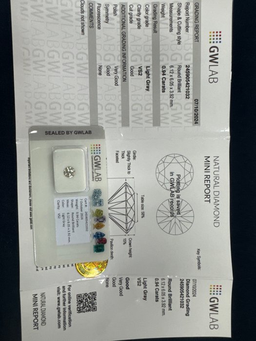 Ingen mindstepris - 1 pcs Diamant  (Naturfarvet)  - 0.94 ct - Rund - Light Grå - VS2 - Gemewizard Gemological Laboratory (GWLab)