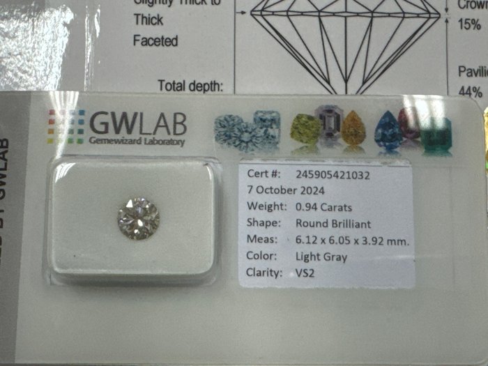 Ingen mindstepris - 1 pcs Diamant  (Naturfarvet)  - 0.94 ct - Rund - Light Grå - VS2 - Gemewizard Gemological Laboratory (GWLab)