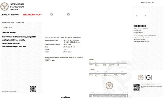 Øreringe - 14 karat Hvidguld -  0.62ct. tw. Diamant (Natur)