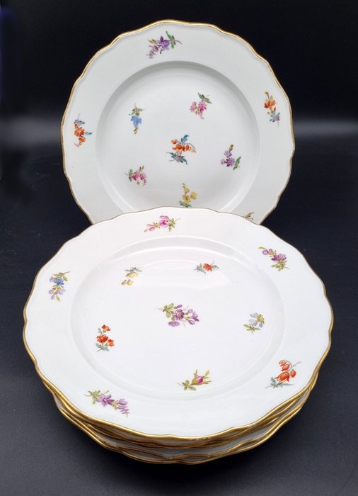 Meissen - Bordservice - 1 valg! Blomsterdekoration med guldkant 6 x middagstallerkener ca 25 cm - Porcelæn