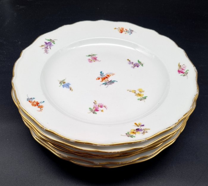 Meissen - Bordservice - 1 valg! Blomsterdekoration med guldkant 6 x middagstallerkener ca 25 cm - Porcelæn