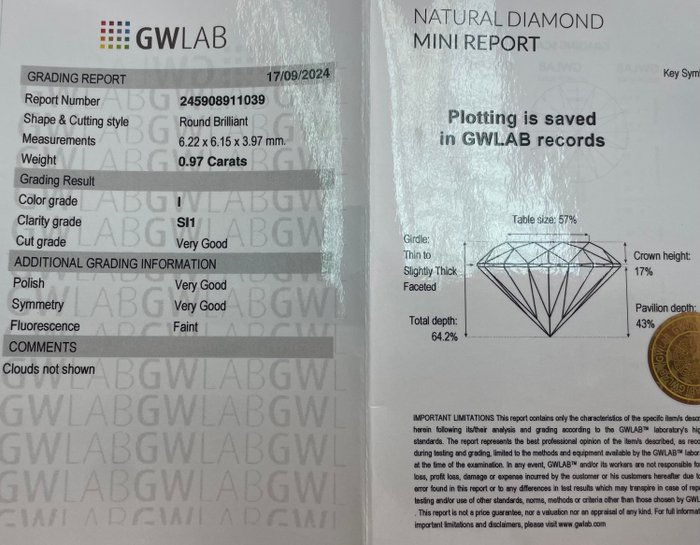 Ingen mindstepris - 1 pcs Diamant  (Natur)  - 097 ct - Rund - I - SI1 - Gemewizard Gemological Laboratory (GWLab)