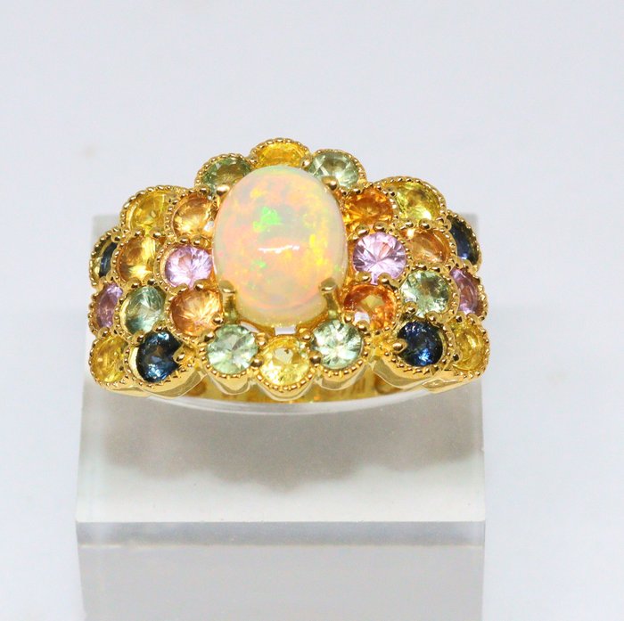 Ingen mindstepris - Ring Sølv -  5.36ct. tw. Opal - Safir - Størrelse 19,3 mm,