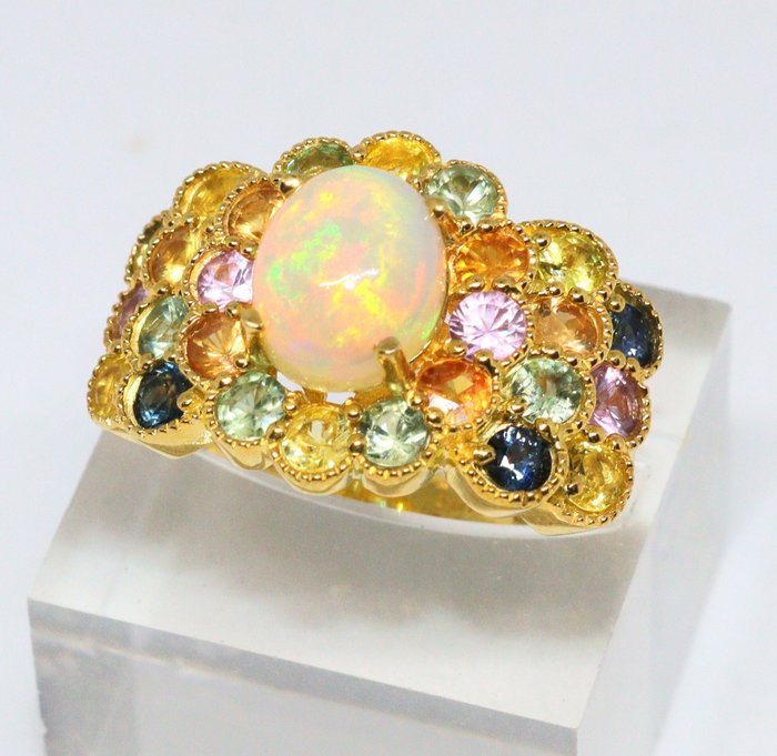 Ingen mindstepris - Ring Sølv -  5.36ct. tw. Opal - Safir - Størrelse 19,3 mm,