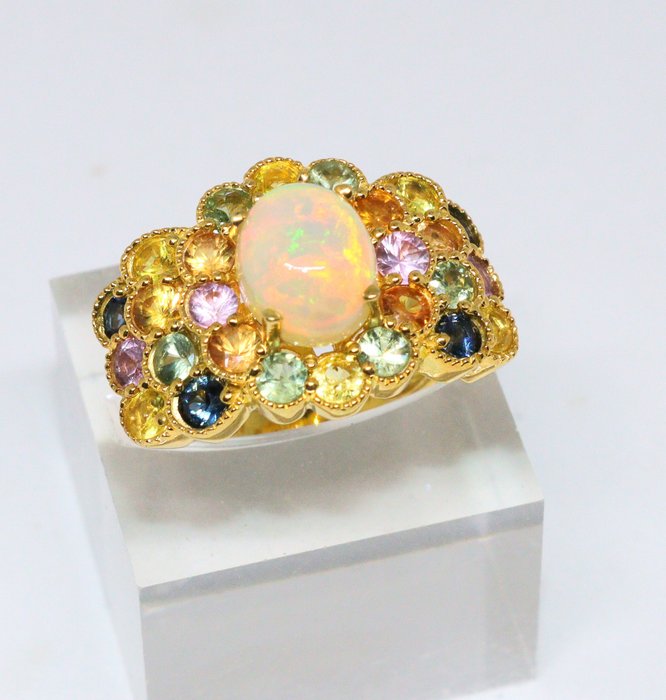 Ingen mindstepris - Ring Sølv -  5.36ct. tw. Opal - Safir - Størrelse 19,3 mm,