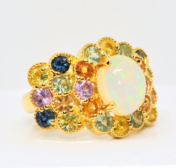 Ingen mindstepris - Ring Sølv -  5.36ct. tw. Opal - Safir - Størrelse 19,3 mm,