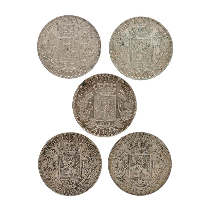 Belgien. 5 Frank 1869/1873 "Leopold II" (5 stuks)  (Ingen mindstepris)