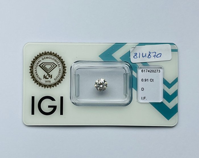 1 pcs Diamant  (Natur)  - 0.91 ct - Rund - D (farveløs) - IF - International Gemological Institute (IGI) - VG Ex Ex Ingen