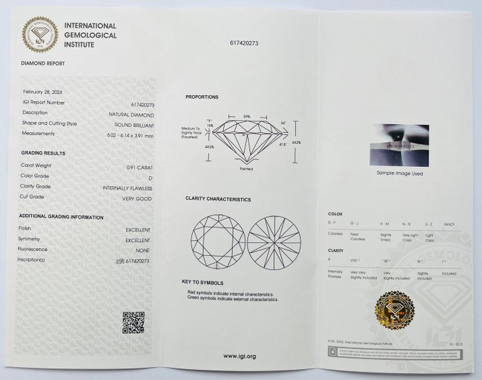 1 pcs Diamant  (Natur)  - 0.91 ct - Rund - D (farveløs) - IF - International Gemological Institute (IGI) - VG Ex Ex Ingen