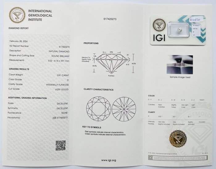 1 pcs Diamant  (Natur)  - 0.91 ct - Rund - D (farveløs) - IF - International Gemological Institute (IGI) - VG Ex Ex Ingen