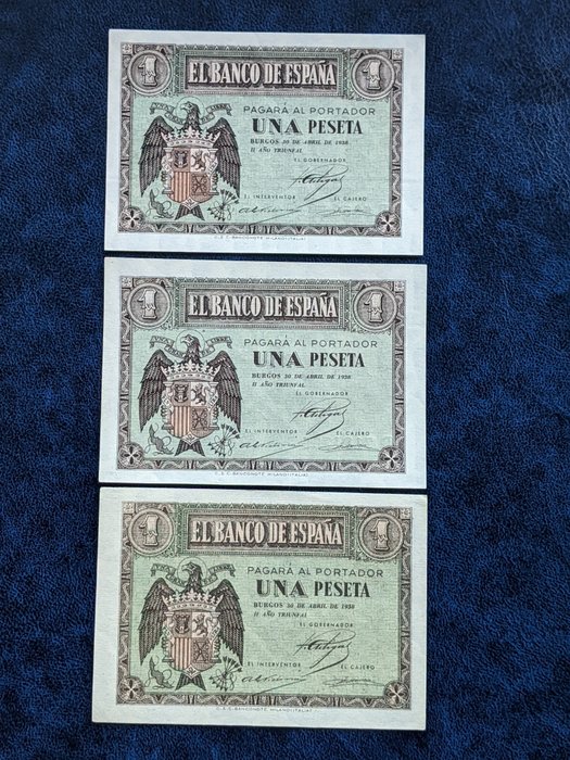 Spanien. - 3 x 1 peseta 1938 (emisión ABRIL) Peseta - EDIFIL 428a - Pick 108  (Ingen mindstepris)