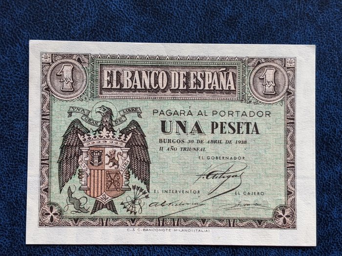 Spanien. - 3 x 1 peseta 1938 (emisión ABRIL) Peseta - EDIFIL 428a - Pick 108  (Ingen mindstepris)