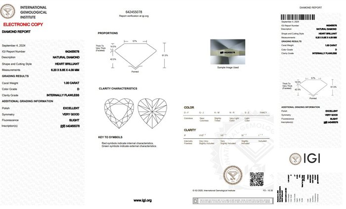 Ingen mindstepris - 1 pcs Diamant  (Natur)  - 1.00 ct - Hjerte - D (farveløs) - IF - International Gemological Institute (IGI) - Bedøvelse Form Top Make