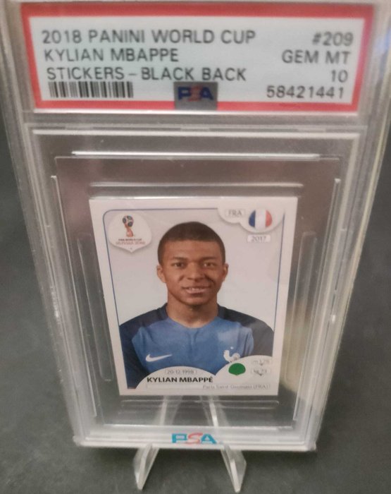 2018 Panini World Cup Kylian Mbappé #209 Rookie - Black Back PSA 10 Graded sticker