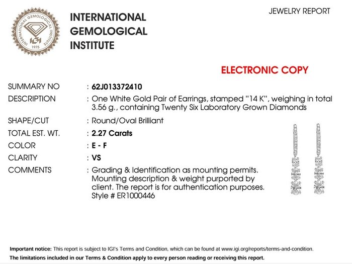 Øreringe - 14 karat Hvidguld -  2.27ct. tw. Diamant (Laboratoriedyrket)