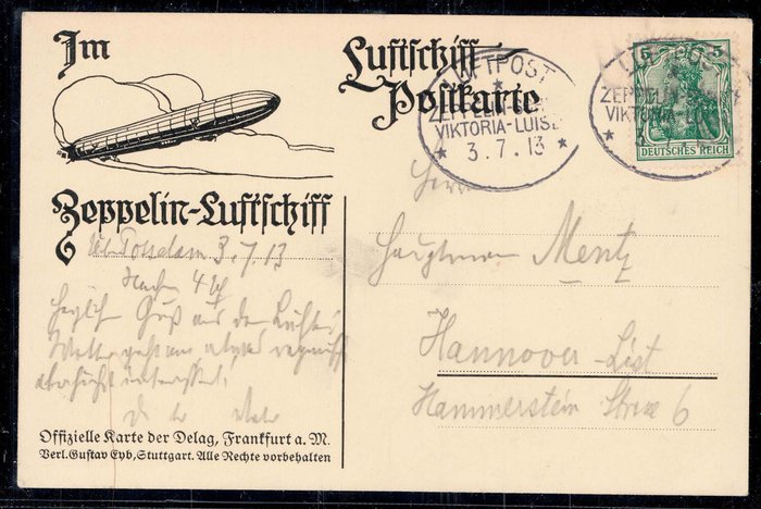 Tyske Kejserrige 1913 - Zeppelin luftskib Viktoria Luise 3. juli 1913 drop card over Potsdam