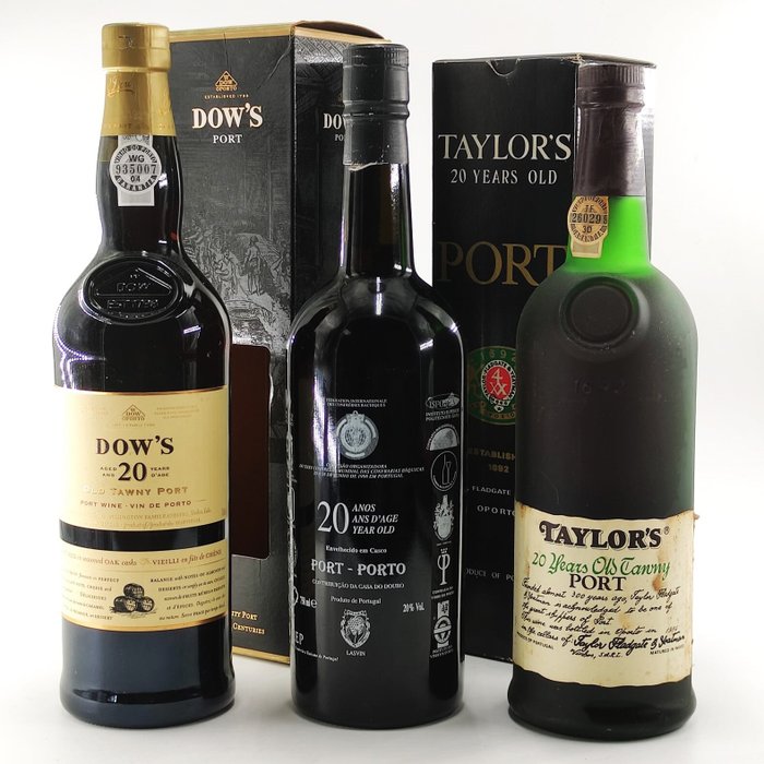 3 Porto Wine Bottles: Dow´s Port 20 Years + Porto 20 Years + Taylors´s 20 Years - Colheita Port -  Douro  - 3 Flaske (0,75L)