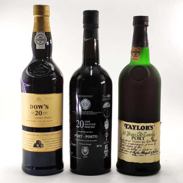 3 Porto Wine Bottles: Dow´s Port 20 Years + Porto 20 Years + Taylors´s 20 Years - Colheita Port -  Douro  - 3 Flaske (0,75L)