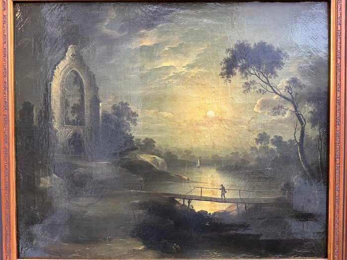 Sebastiaan Pether (1790-1844), Attributed to - Landschap met persoon bij maanlicht