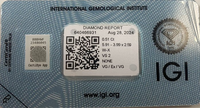 Ingen mindstepris - 1 pcs Diamant  (Natur)  - 0.51 ct - Oval - VS2 - International Gemological Institute (IGI) - W-X