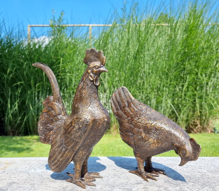 Statuette - Chicken and rooster - Bronze