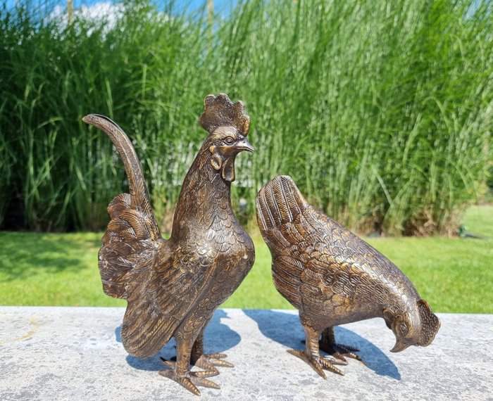 Statuette - Chicken and rooster - Bronze