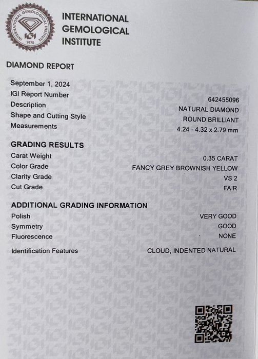 Ingen mindstepris - 1 pcs Diamant  (Naturfarvet)  - 0.35 ct - Rund - Fancy Brunlig, Grå Gul - VS2 - International Gemological Institute (IGI)