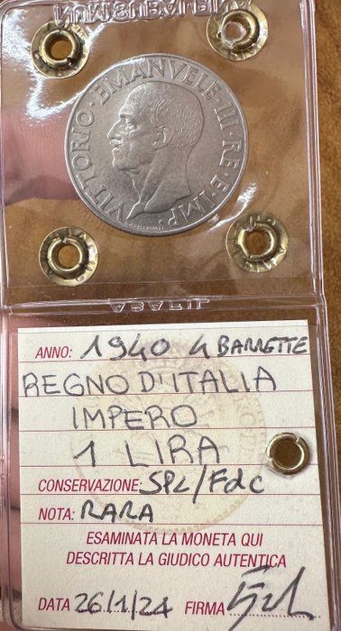 Italien, Kongeriget Italien. Vittorio Emanuele III di Savoia (1900-1946). 1 Lira 1940 "Impero" - variante 4 stanghette