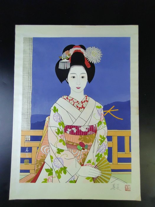 Maiko 舞妓 og bjerget Daimonji - Papir - Tateishi Harumi 立石春美 (1909-1994) - Japan - Showa-perioden (1926-1989)