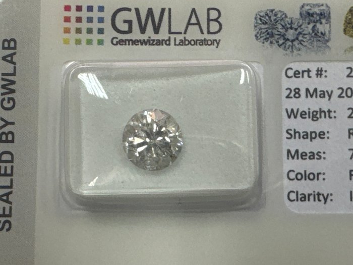 1 pcs Diamant  (Natur)  - 2.00 ct - Rund - F - I1 - Gemewizard Gemological Laboratory (GWLab)