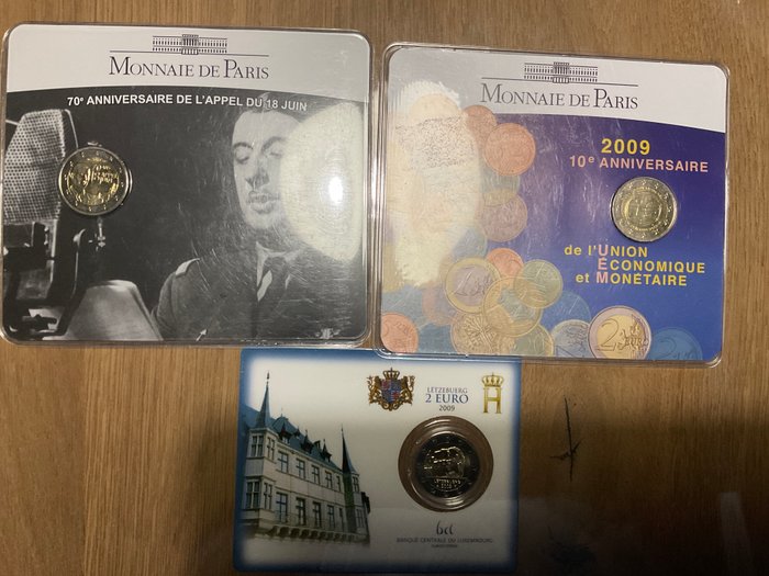 Frankrig, Luxembourg. 2 Euro 2009/2010 (3 coincards)  (Ingen mindstepris)