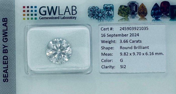 1 pcs Diamant  (Natur)  - 366 ct - Rund - G - SI2 - Gemewizard Gemological Laboratory (GWLab)