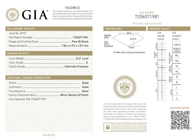 1 pcs Diamant  (Natur)  - 0.61 ct - Pære - D (farveløs) - IF - Gemological Institute of America (GIA)